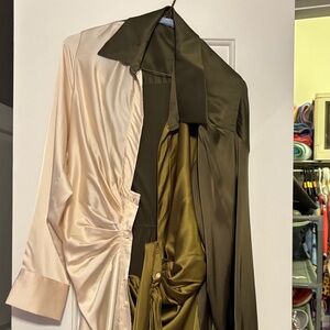 Fashion Nova Two-Tone Satin Shirt Dress - Olive & Cream